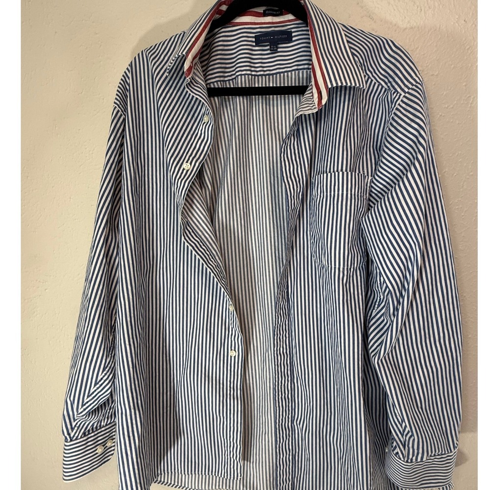 Tommy Hilfiger Blue & White Striped Long Sleeve Button Down Shirt 17.5 34-35
